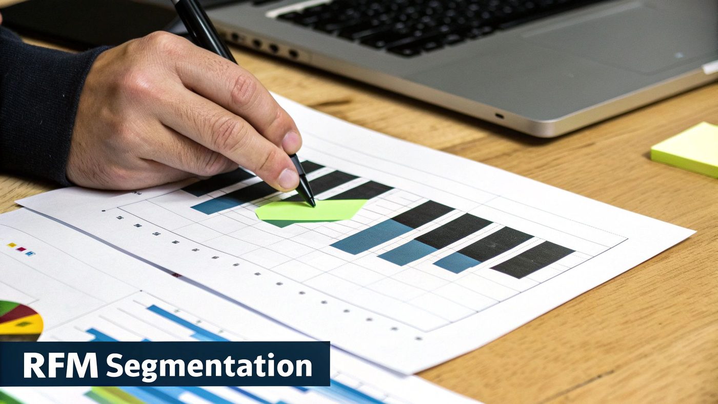 A person's hand using a pen to analyze a bar chart on a document, with 'RFM Segmentation' visible.