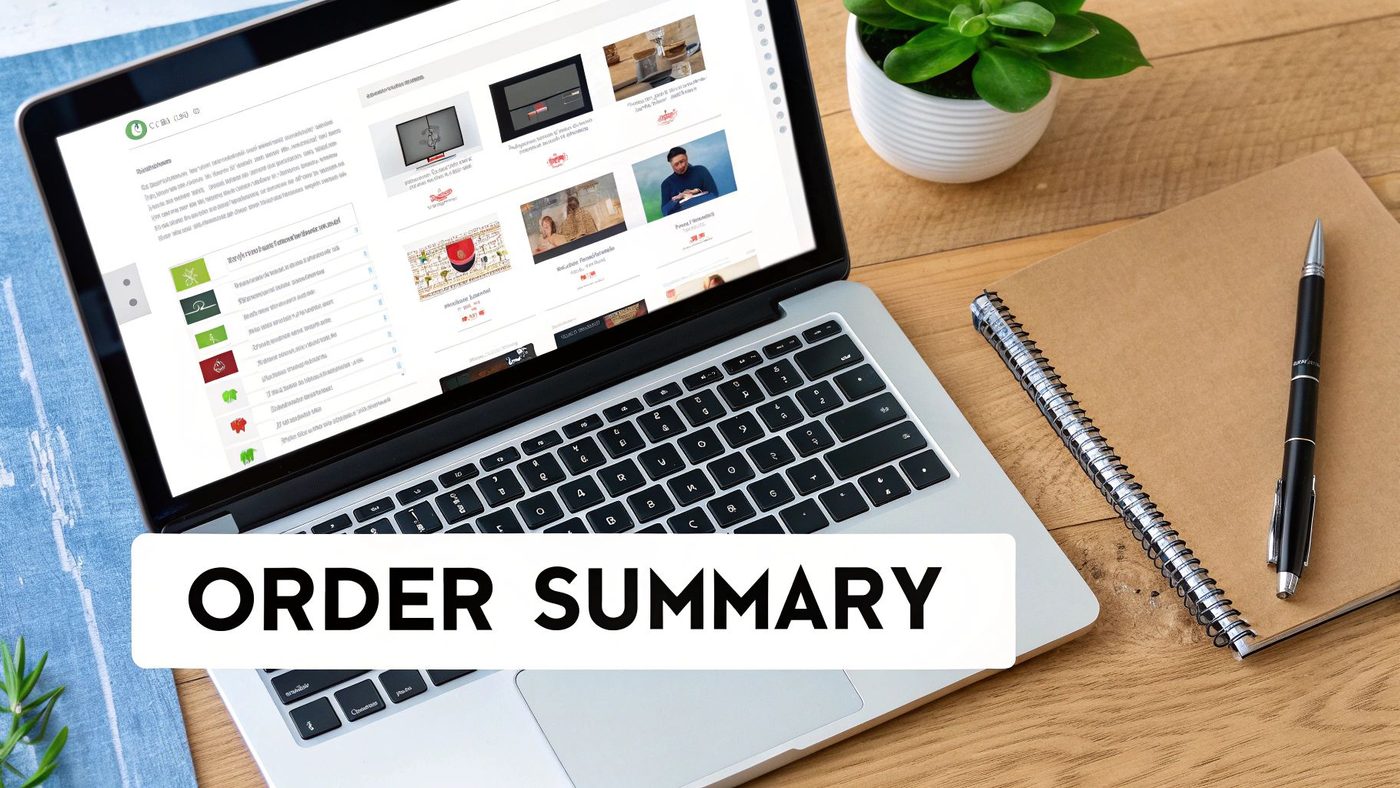 A laptop displaying an online store, with a notebook, pen, and plant on a wooden desk, overlaid with 'ORDER SUMMARY'.