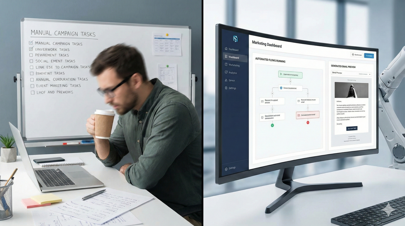 A split-screen image contrasting manual marketing effort on the left with automated marketing technology on the right.