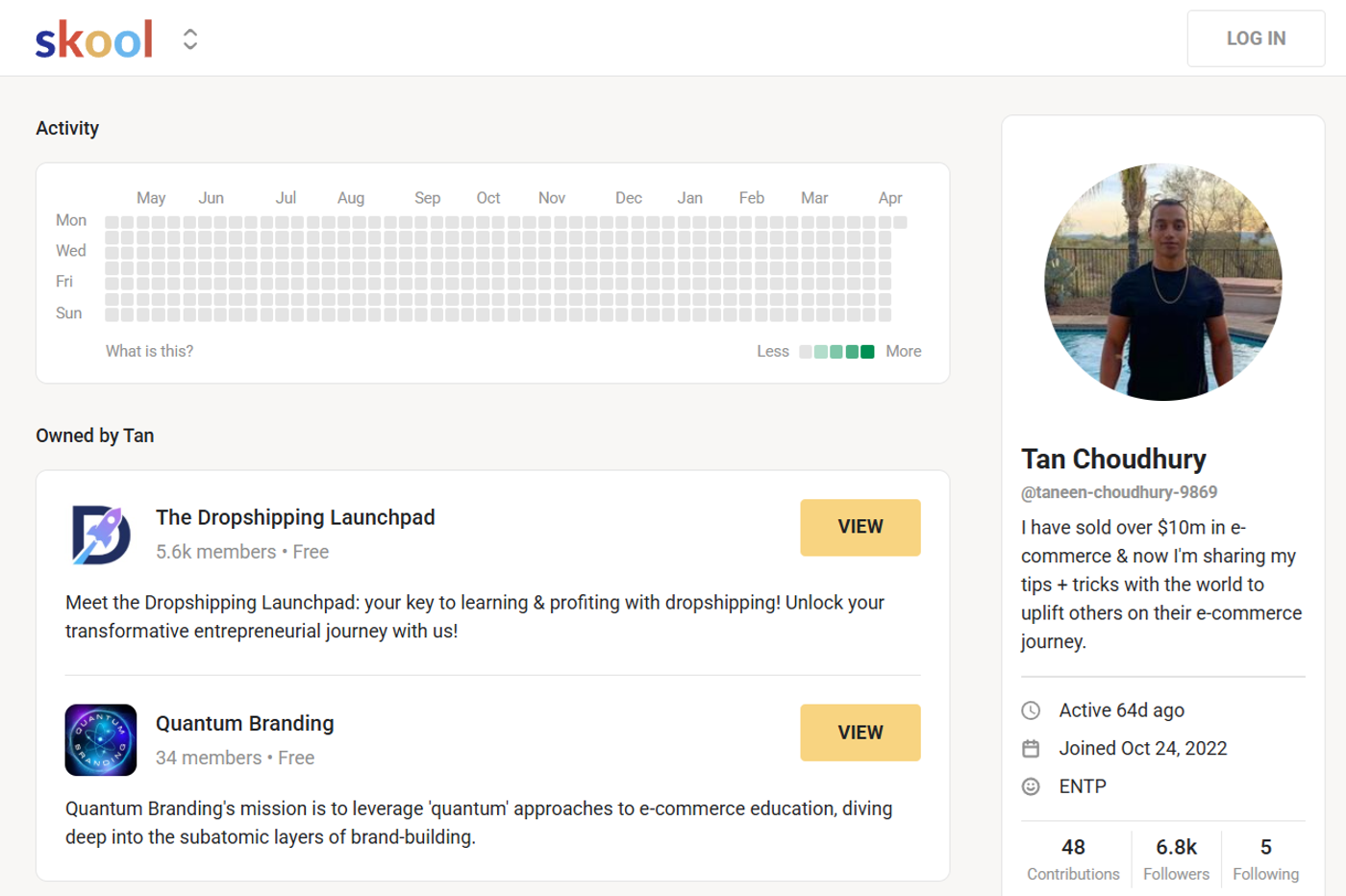 Screenshot of Tan Choudhury’s courses in Skool.