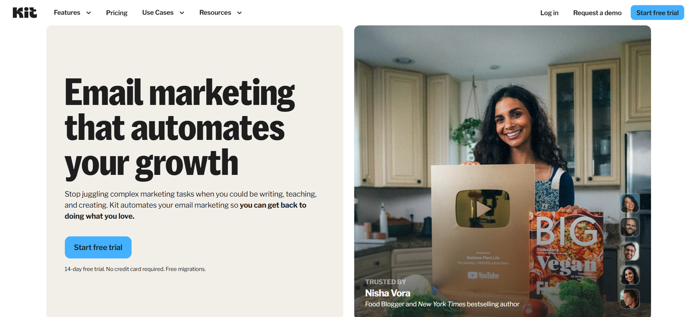 Kit's homepage showing email marketing tools and automation features