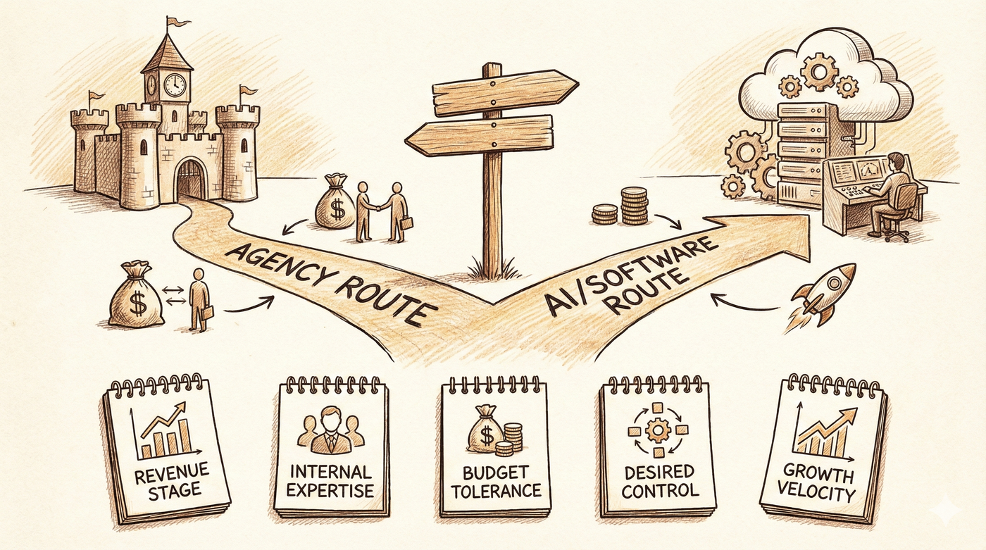 A hand-drawn illustration depicting a crossroads between choosing an 'Agency Route' or an 'AI/Software Route,' with key decision-making factors displayed on notepads below.