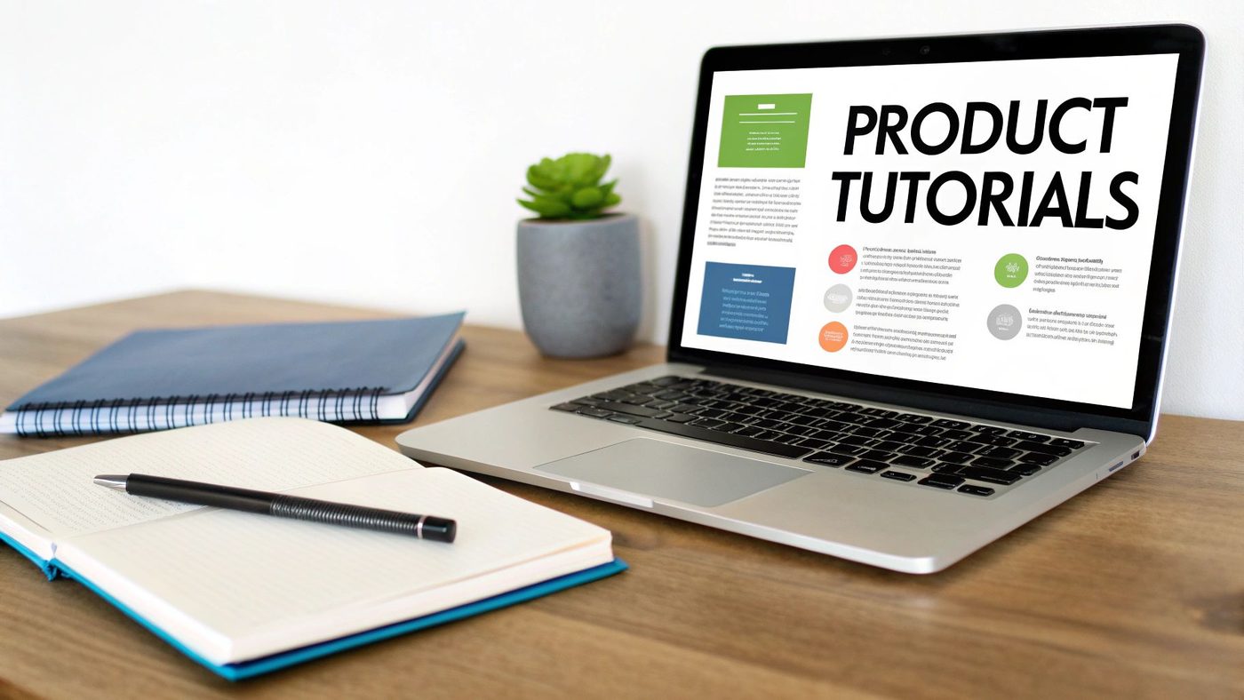 A modern laptop on a wooden desk showing 'Product Tutorials' with notebooks and a plant.