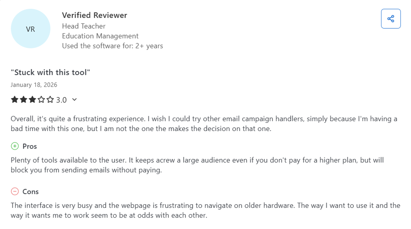 Screenshot of a review of Mailchimp in Capterra.