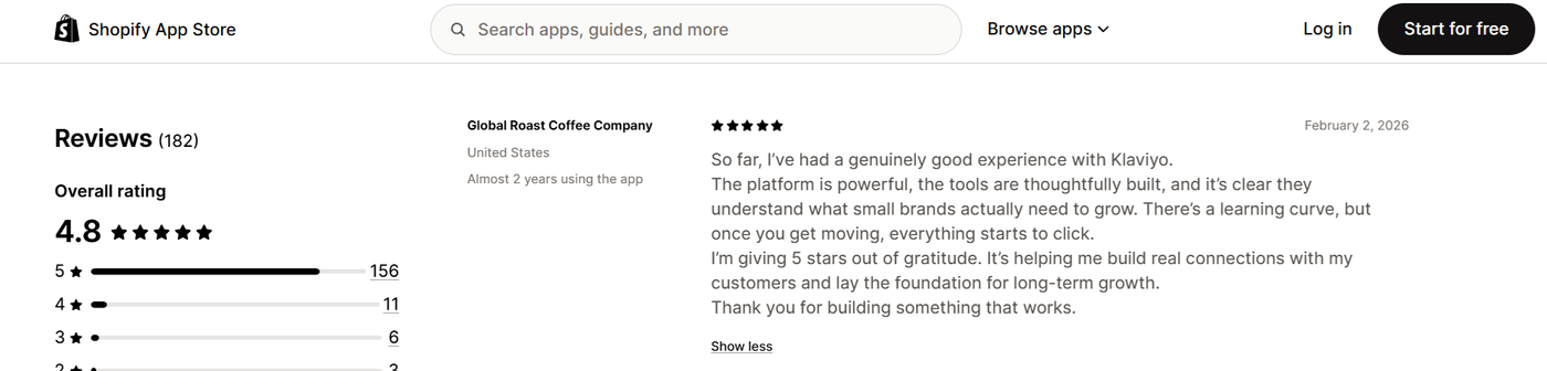 Screenshot of Klaviyo listing on the Shopify App Store displaying high ratings and merchant feedback.