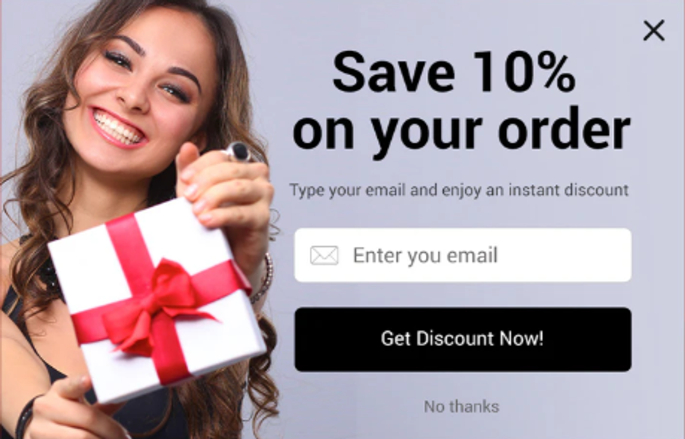 Screenshot of an email popup offering a discount.