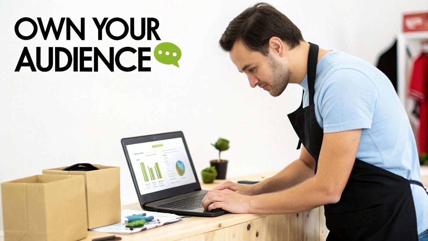 Entrepreneur in apron using laptop with audience data, next to boxes, 'OWN YOUR AUDIENCE' text.