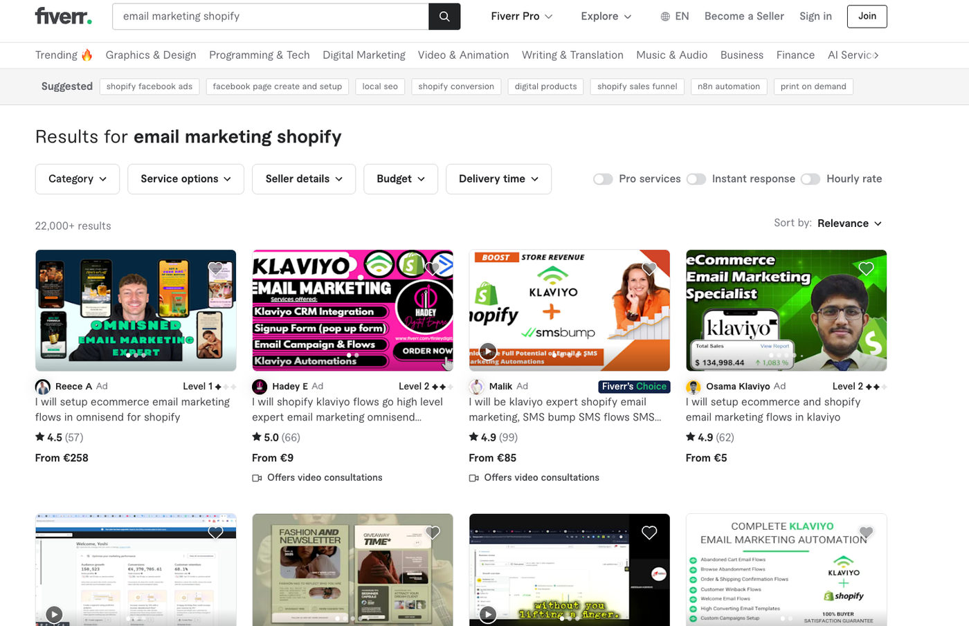 Screenshot of Fiverrâs search results page displaying freelance listings for email marketing services with pricing, ratings, and seller profiles.