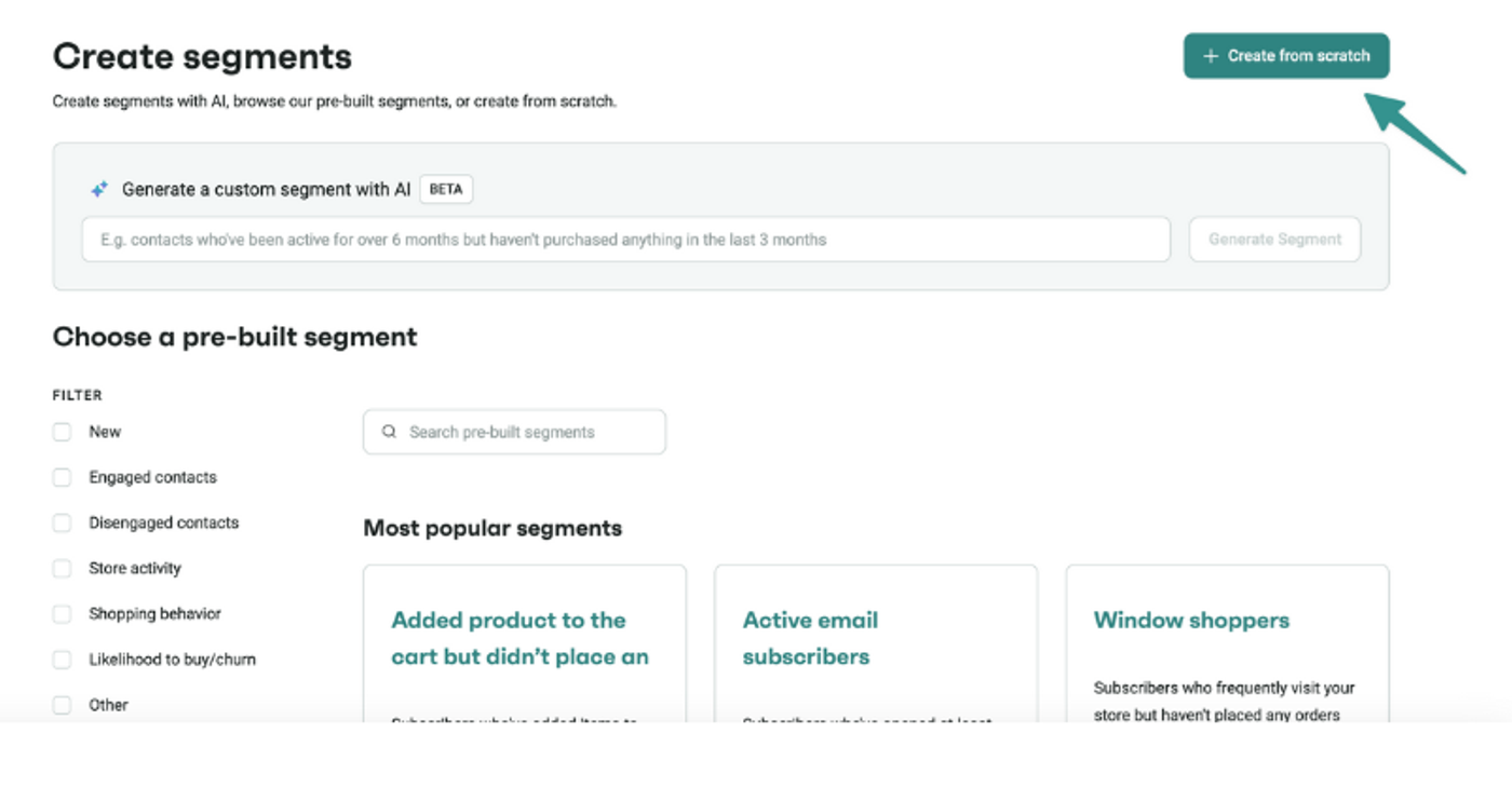 Image showing the interface in Shopify where customer segments can be created.
