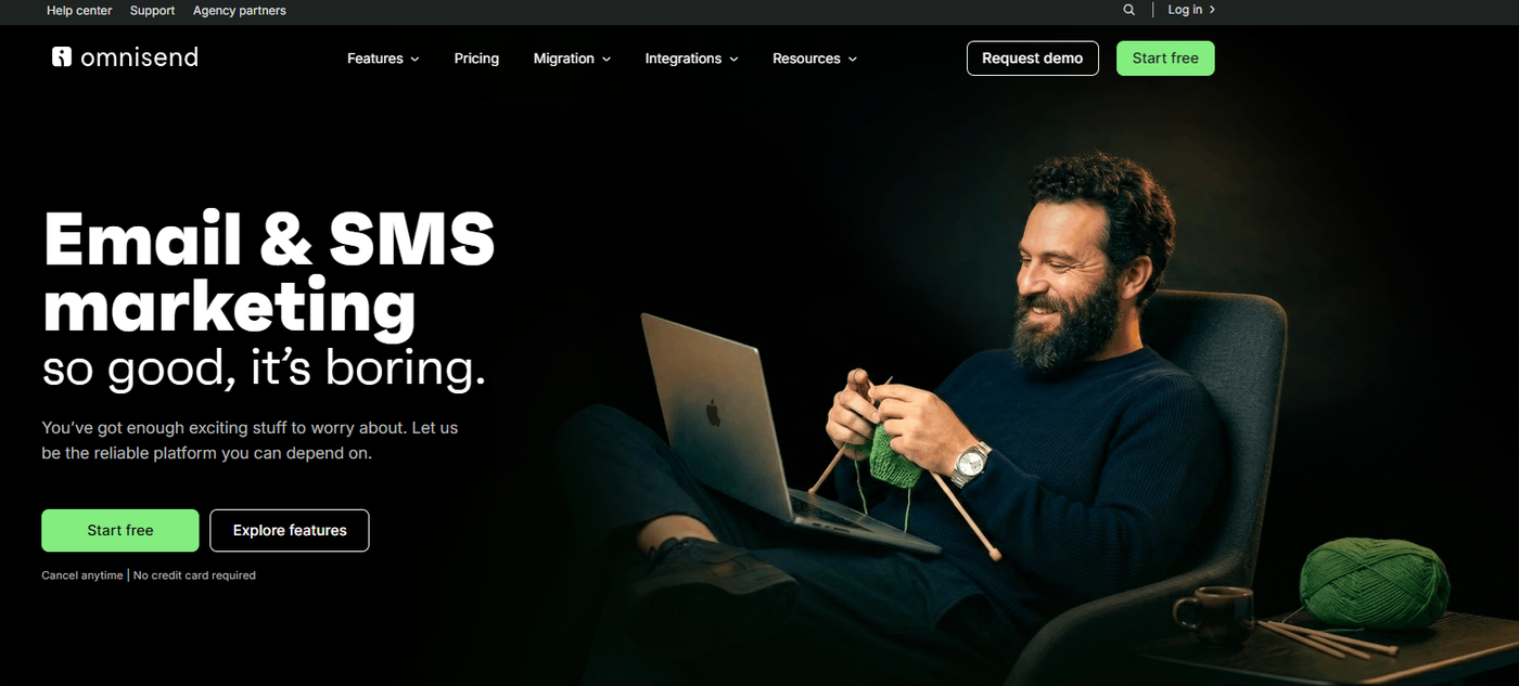 Screenshot of Omnisend’s homepage displaying its email and SMS marketing platform for ecommerce brands with automation workflows and Shopify connectivity.
