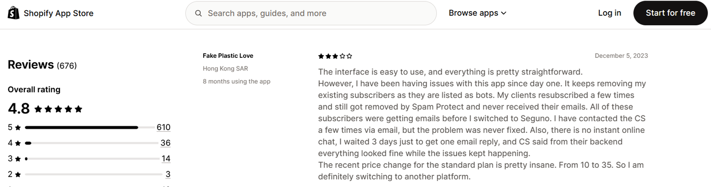 Screenshot of a Shopify App Store review describing subscriber removal issues, delayed customer support, and a recent Seguno pricing increase.