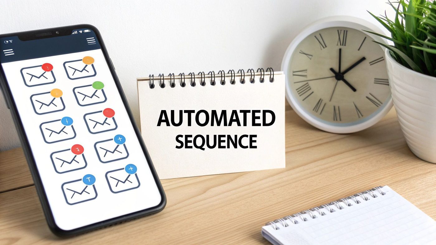 A smartphone with email icons next to a notebook displaying 'AUTOMATED SEQUENCE' on a wooden desk, symbolizing email marketing.