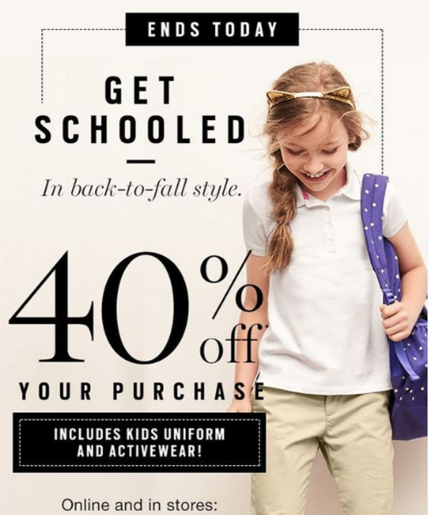 Screenshot of a back to school sale announcement email.