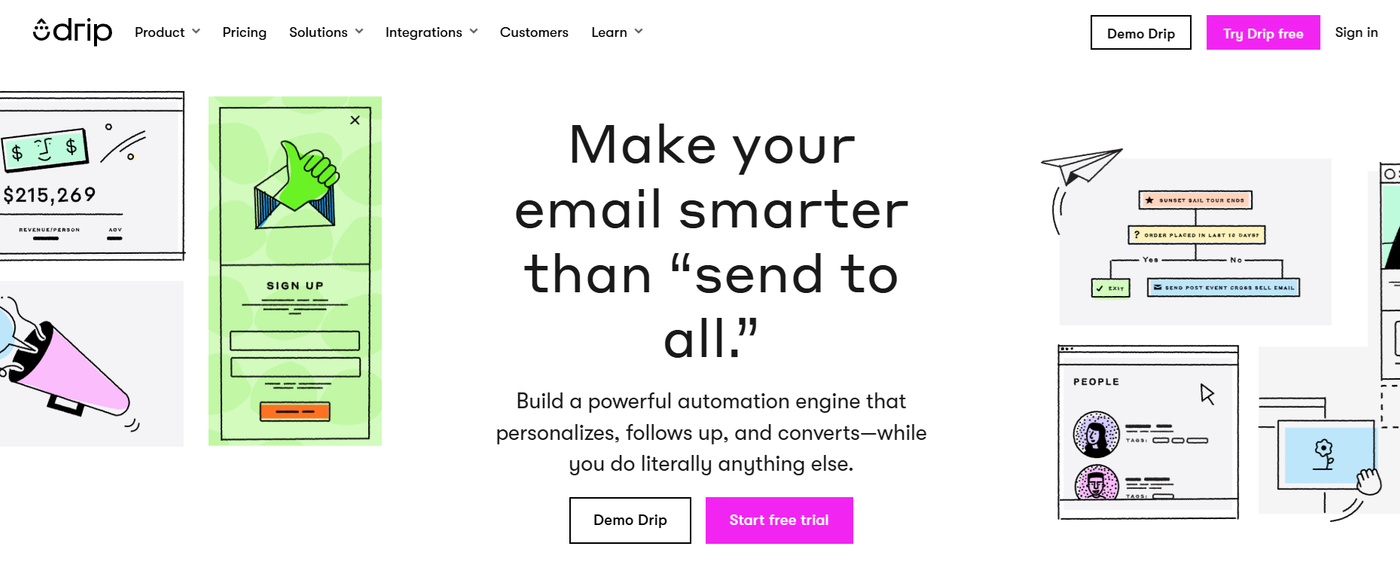 Screenshot of Dripâs homepage presenting its ecommerce lifecycle marketing tools, behavioral segmentation features, and Shopify-focused automation capabilities.