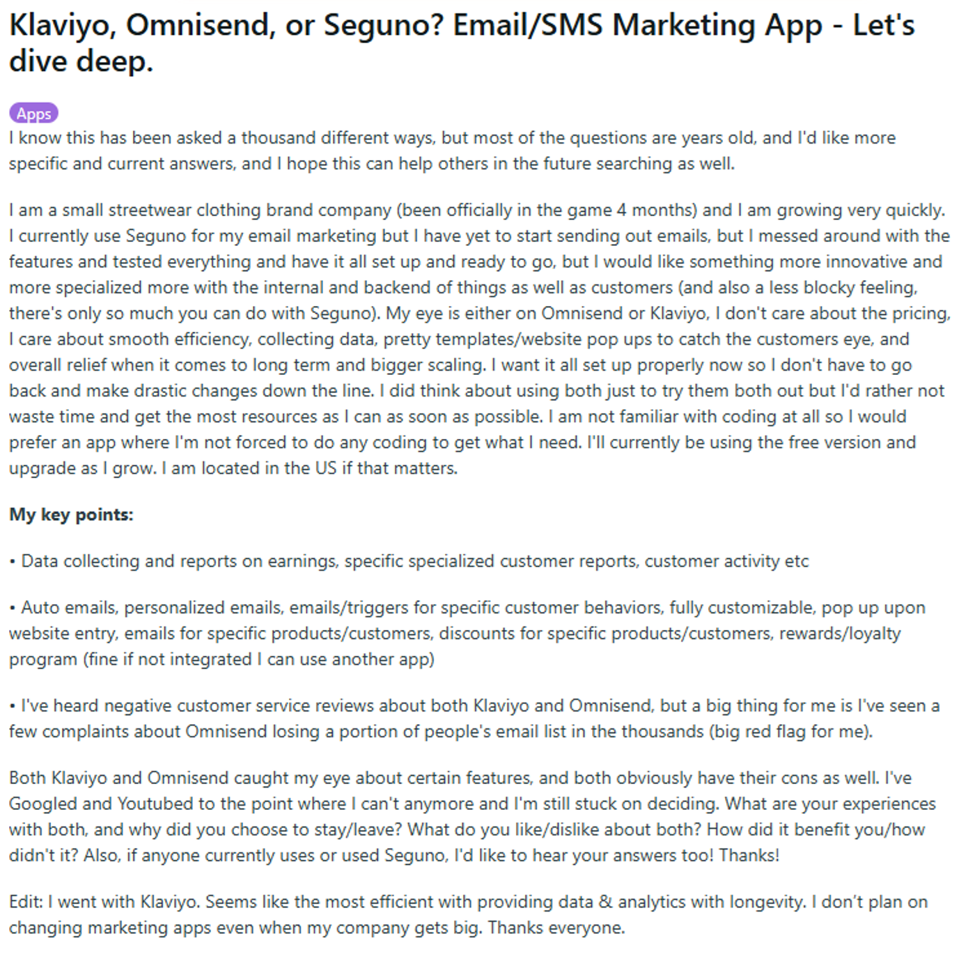 Screenshot of a Shopify App Store review criticizing slow customer support responses and lack of lead capture tools in Seguno.