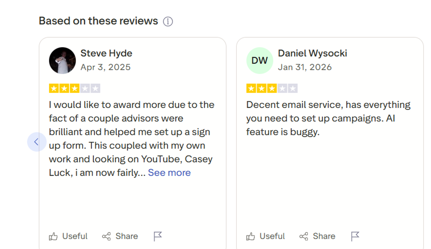 Screenshot of Trustpilot reviews for Klaviyo showing mixed feedback about support quality, technical issues, and overall platform performance.
