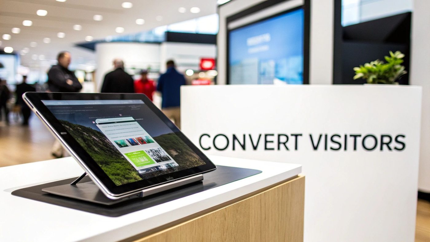 A tablet on a retail display stand, showing a webpage, with a "CONVERT VISITORS" sign.