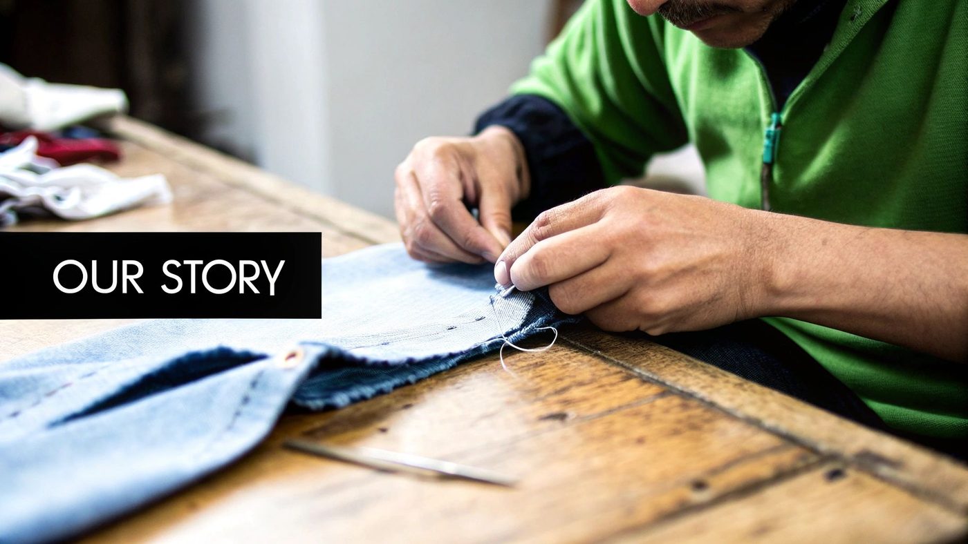 Close-up of hands sewing blue denim fabric on a wooden table, with 'OUR STORY' text.