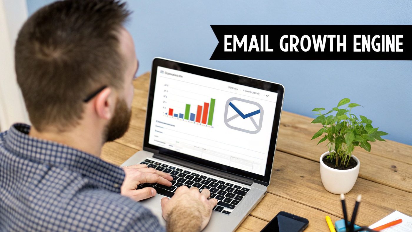 Man viewing laptop screen displaying email growth analytics, bar charts, and an email icon.