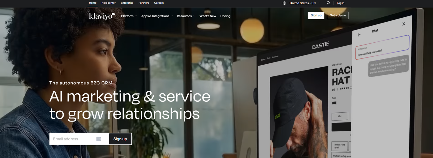Screenshot of Klaviyo’s homepage showcasing its ecommerce email and SMS marketing platform with advanced segmentation, automation tools, and Shopify integration.