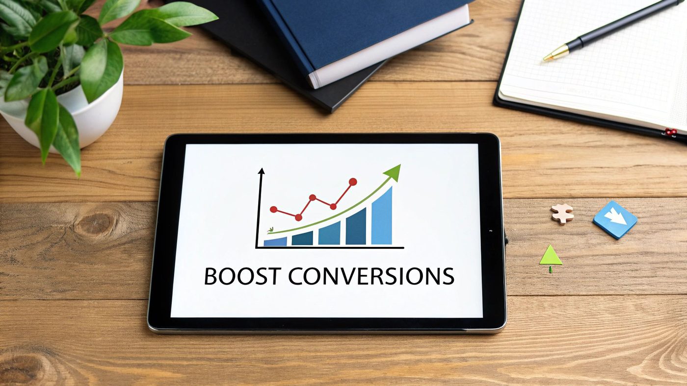 A tablet on a wooden desk displays a graph showing increasing conversions and business growth.