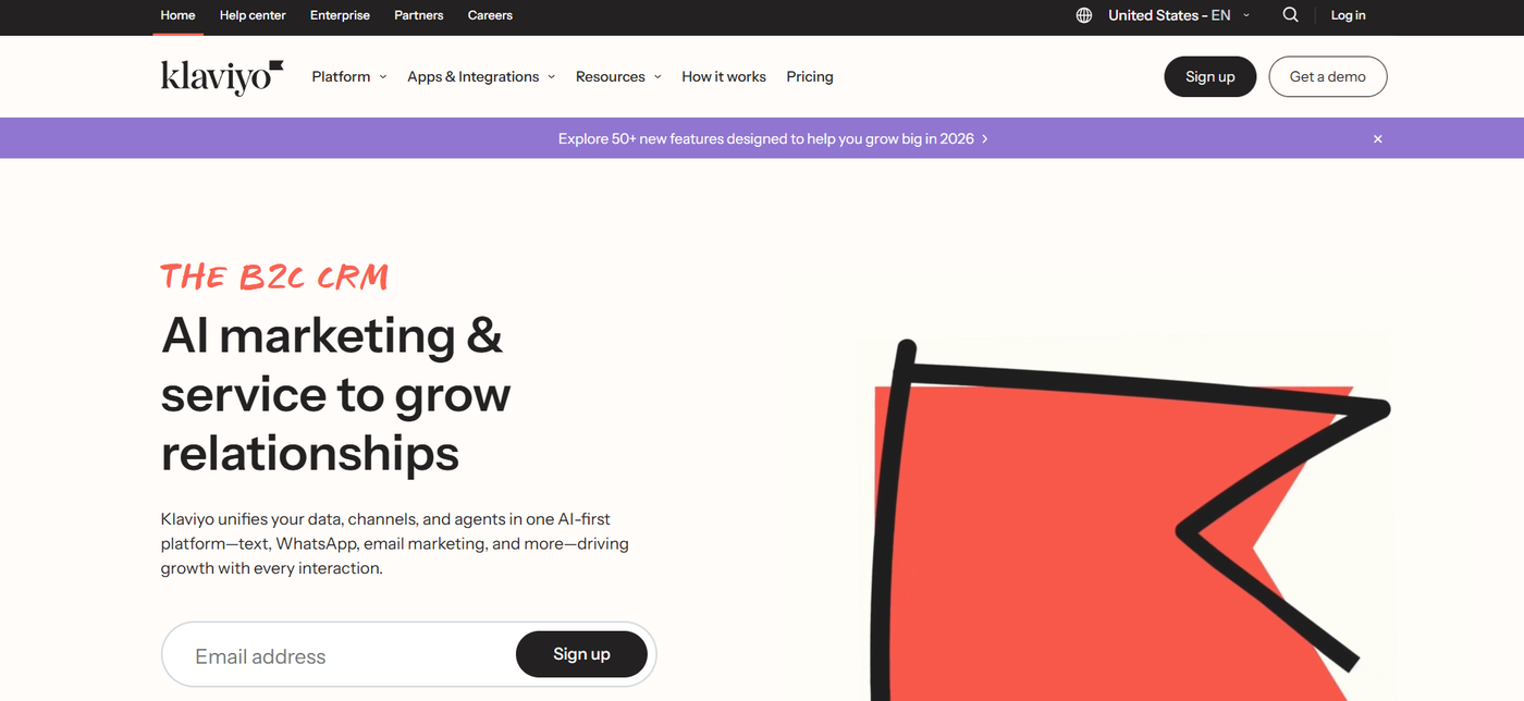 Screenshot of Klaviyo’s homepage showcasing its ecommerce email and SMS marketing platform with advanced segmentation, automation tools, and Shopify integration.