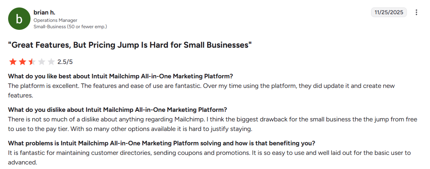 Screenshot of Mailchimp reviews on the Shopify App Store highlighting customer complaints about billing alongside positive support experiences.