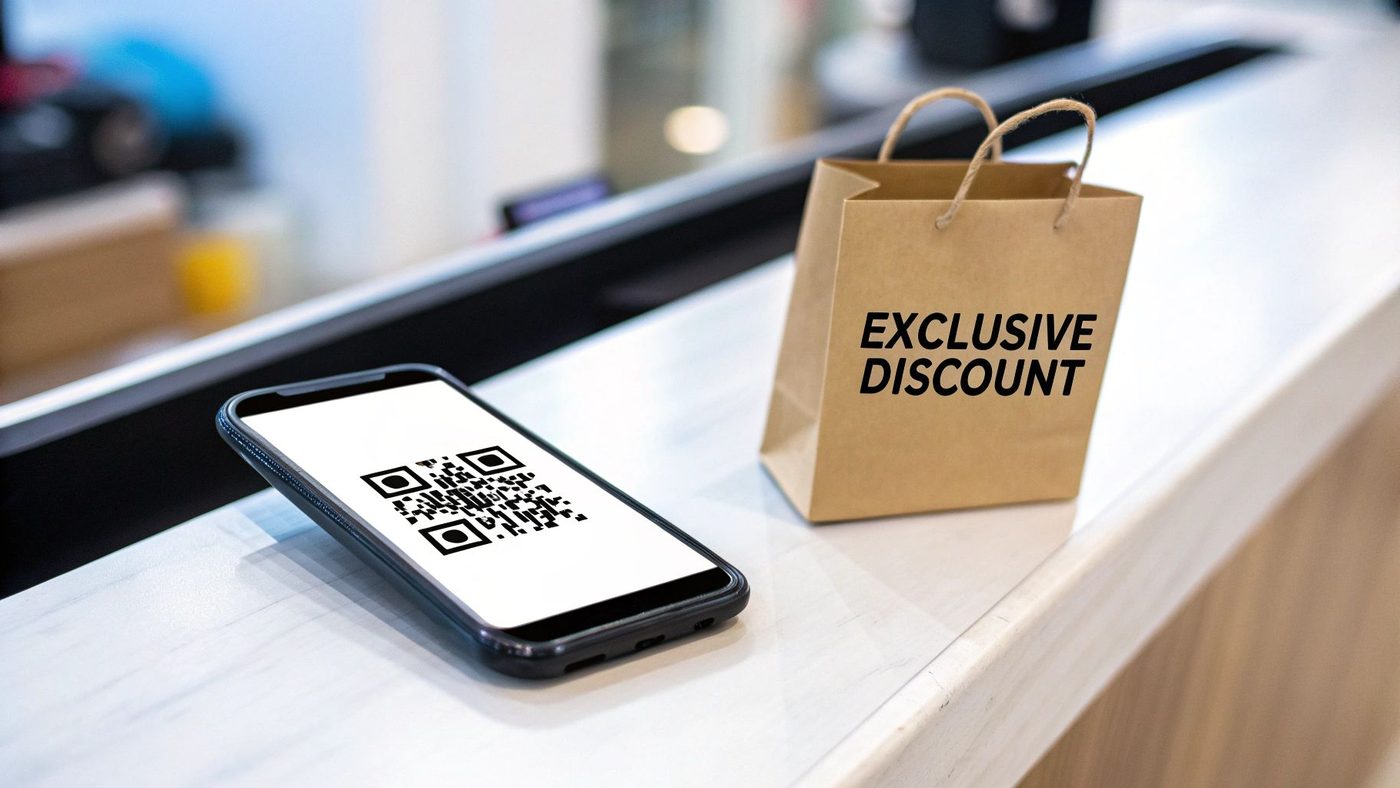 A smartphone displaying a QR code next to a brown bag with "EXCLUSIVE DISCOUNT" text on a counter.