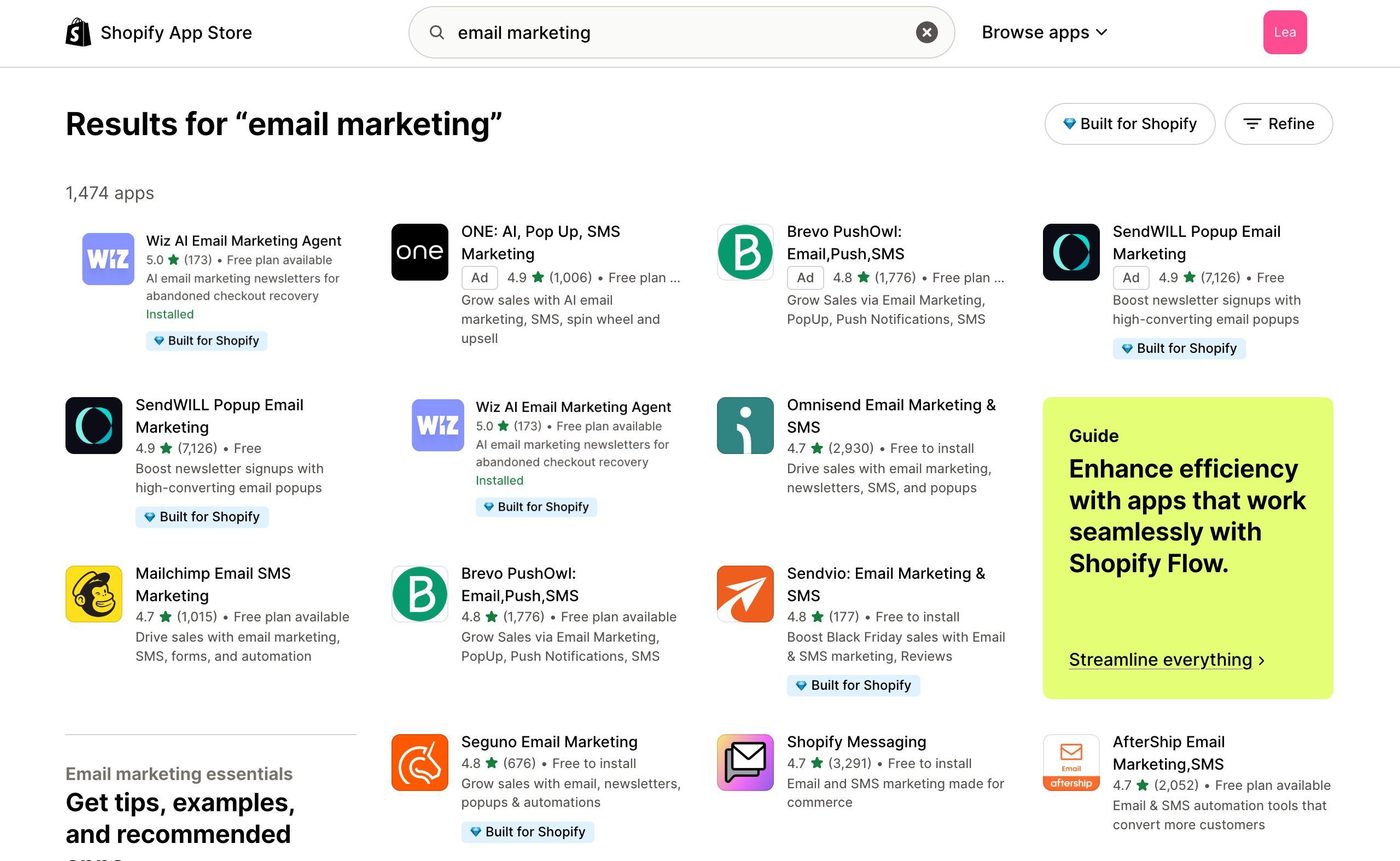 Screenshot of the Shopify App Store displaying search results for the keyword “email marketing".