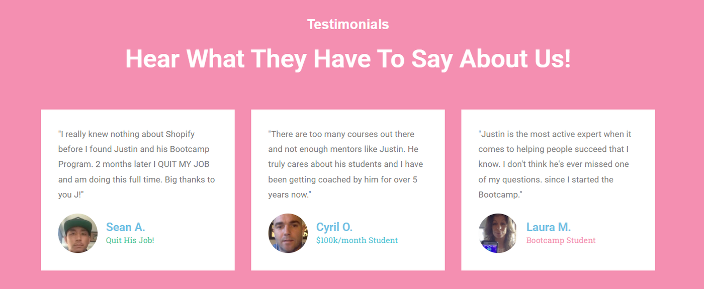 Screenshot of testimonials for Justin Cener Ecom Profit Academy.
