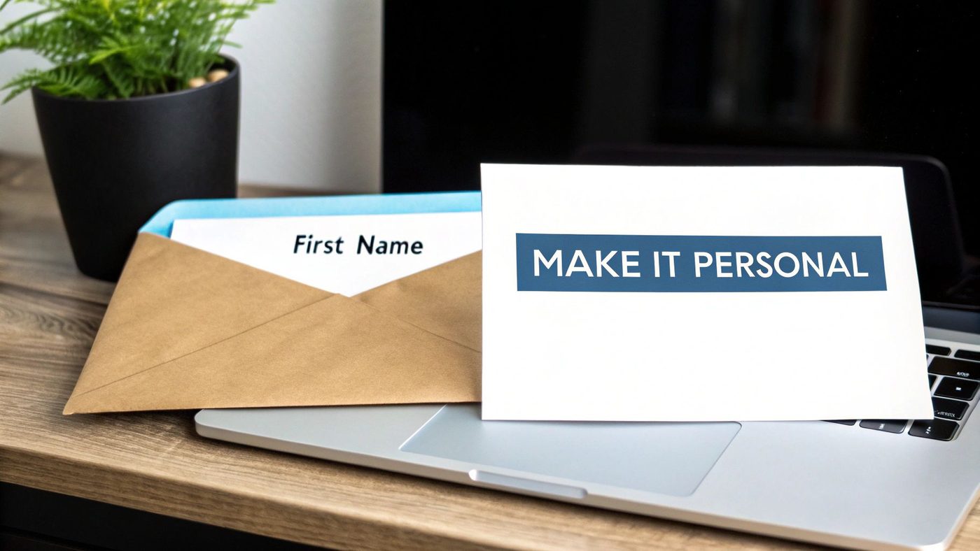 A personalized envelope with 'First Name' and a card saying 'MAKE IT PERSONAL' on a laptop keyboard.