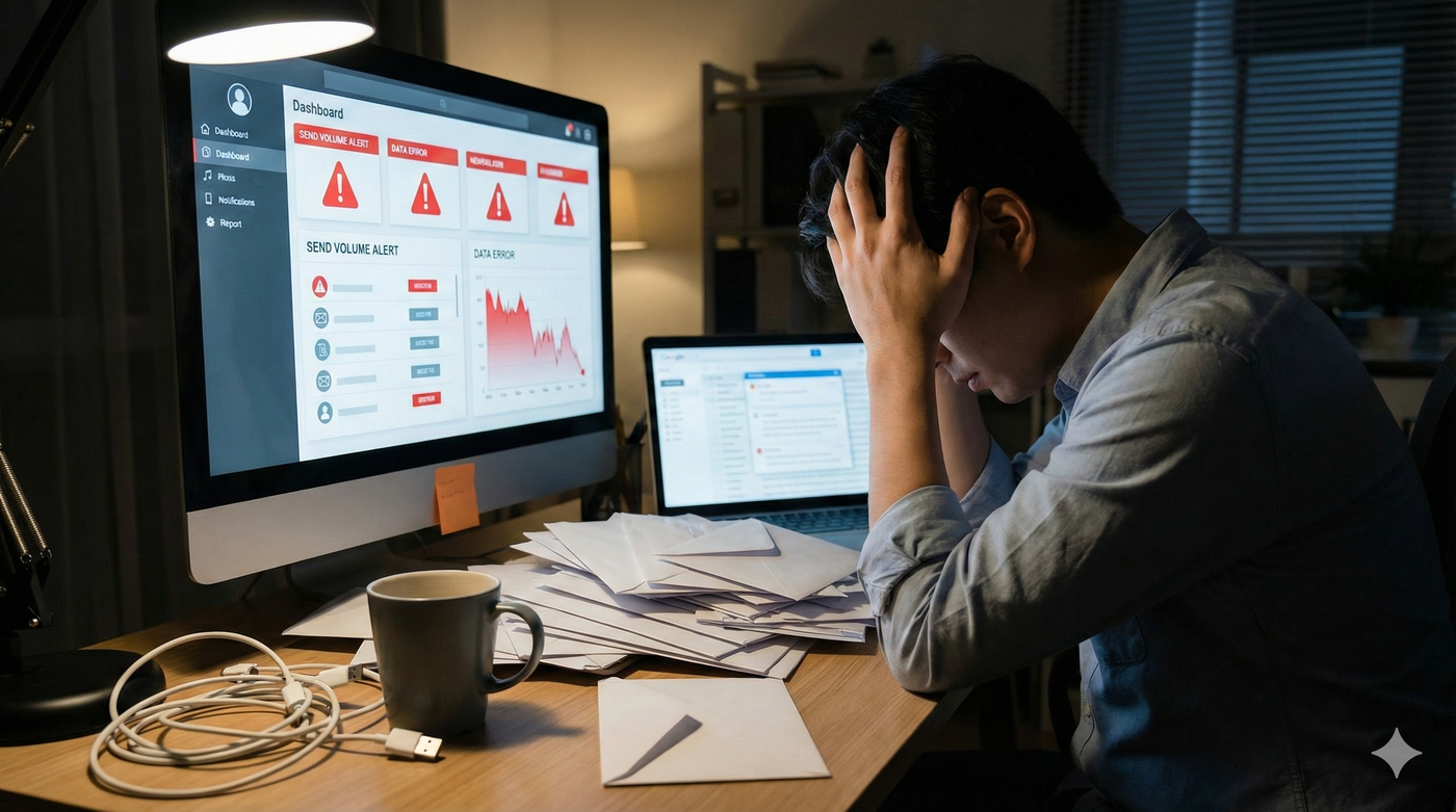 A stressed man sits at a desk at night, holding his head in front of a computer screen that displays multiple red warning alerts and data errors.