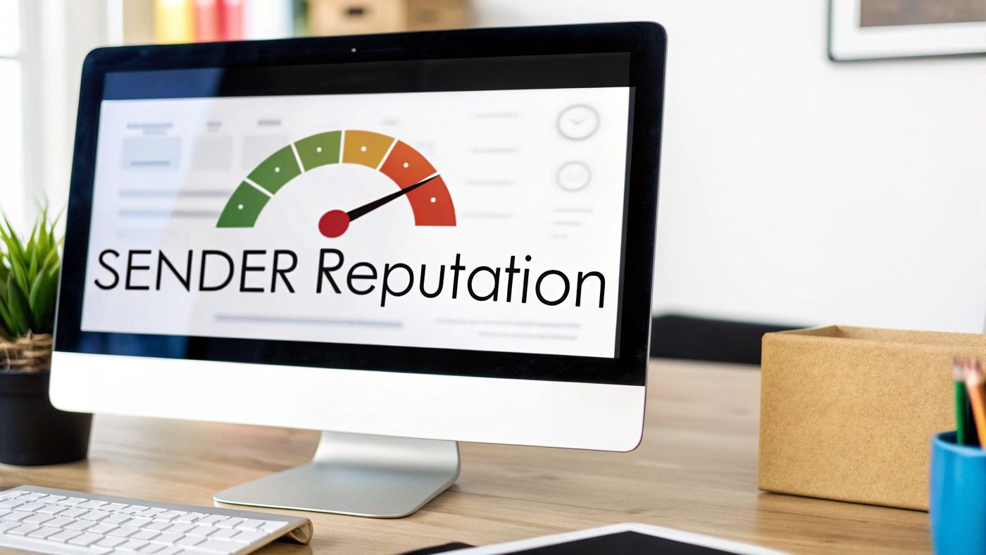 A computer monitor displays 'SENDER Reputation' with a gauge showing a low, red reputation score.