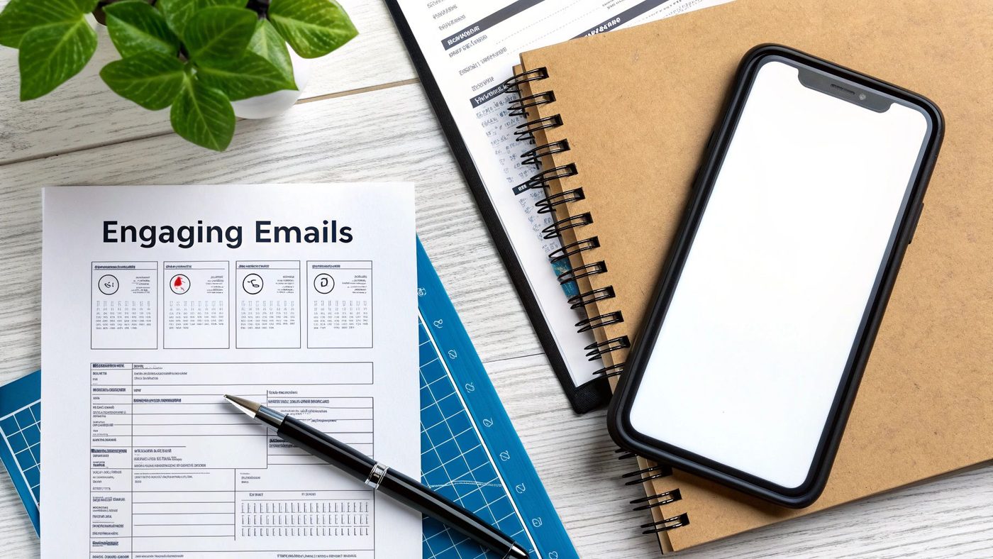Workspace flat lay showcasing an 'Engaging Emails' document, a smartphone, pen, and office essentials.