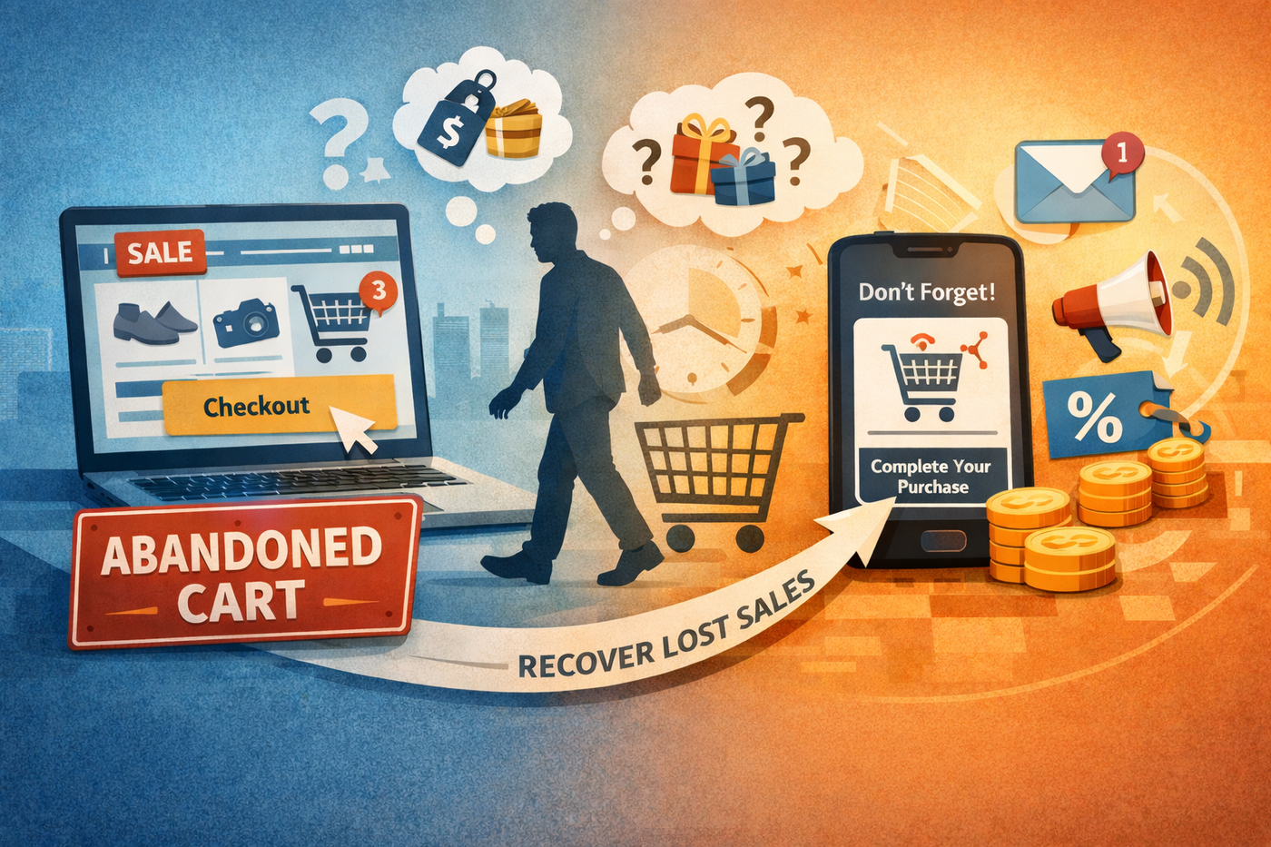 Illustration of an online shopper leaving items in a cart while a mobile reminder prompts checkout completion.