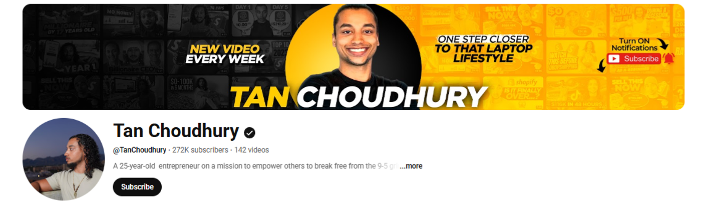 Screenshot of Tan Choudhury’s YouTube profile.