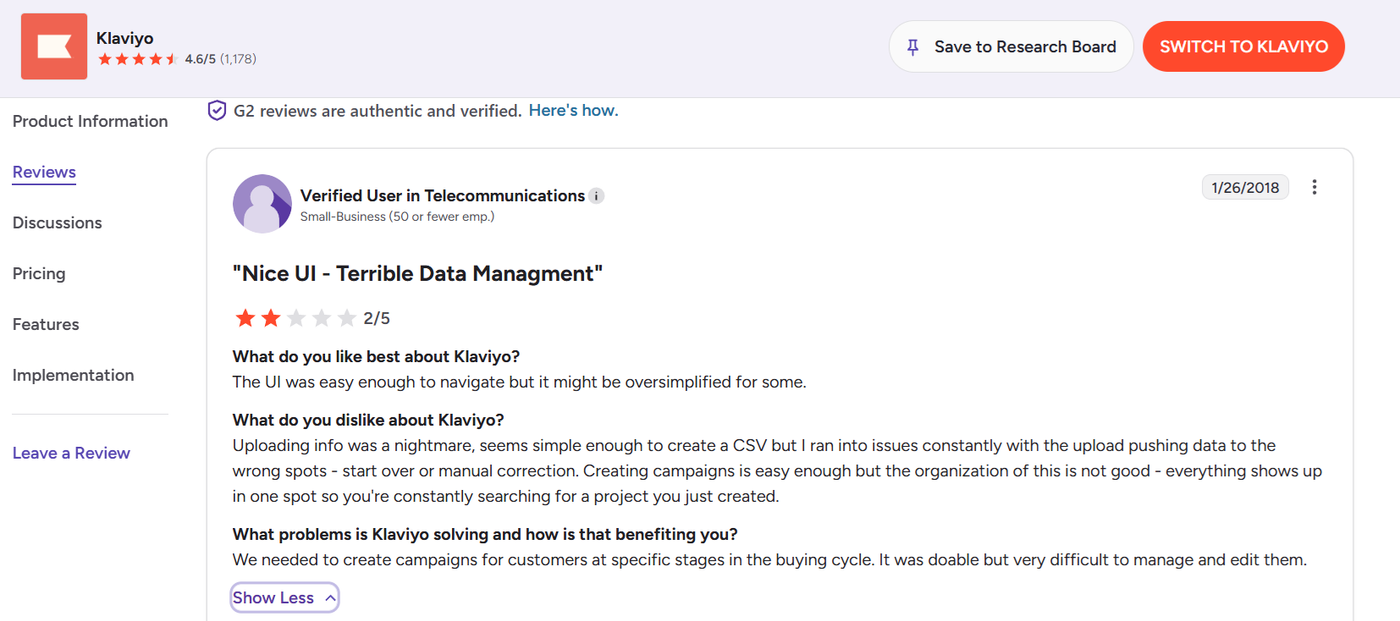 Screenshot of G2 reviews for Klaviyo highlighting feedback about ease of use, data upload challenges, and campaign organization issues.