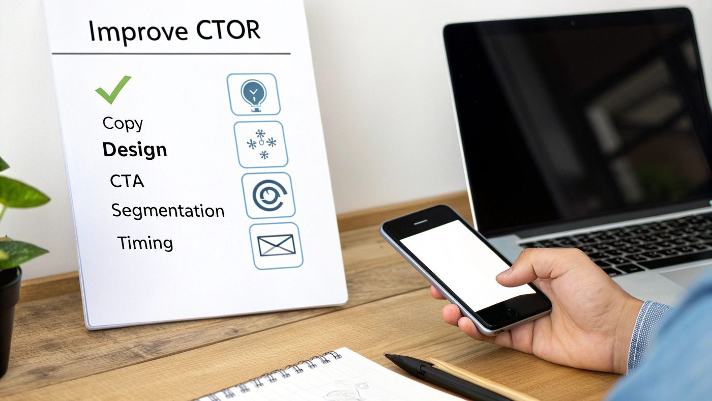 A checklist titled 'Improve CTOR' with steps like Copy and Design, next to a person using a smartphone and laptop.