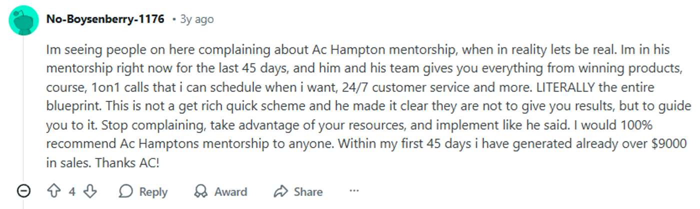 Screenshot of one testimonial of AC Hampton Supreme Ecom Blueprint.