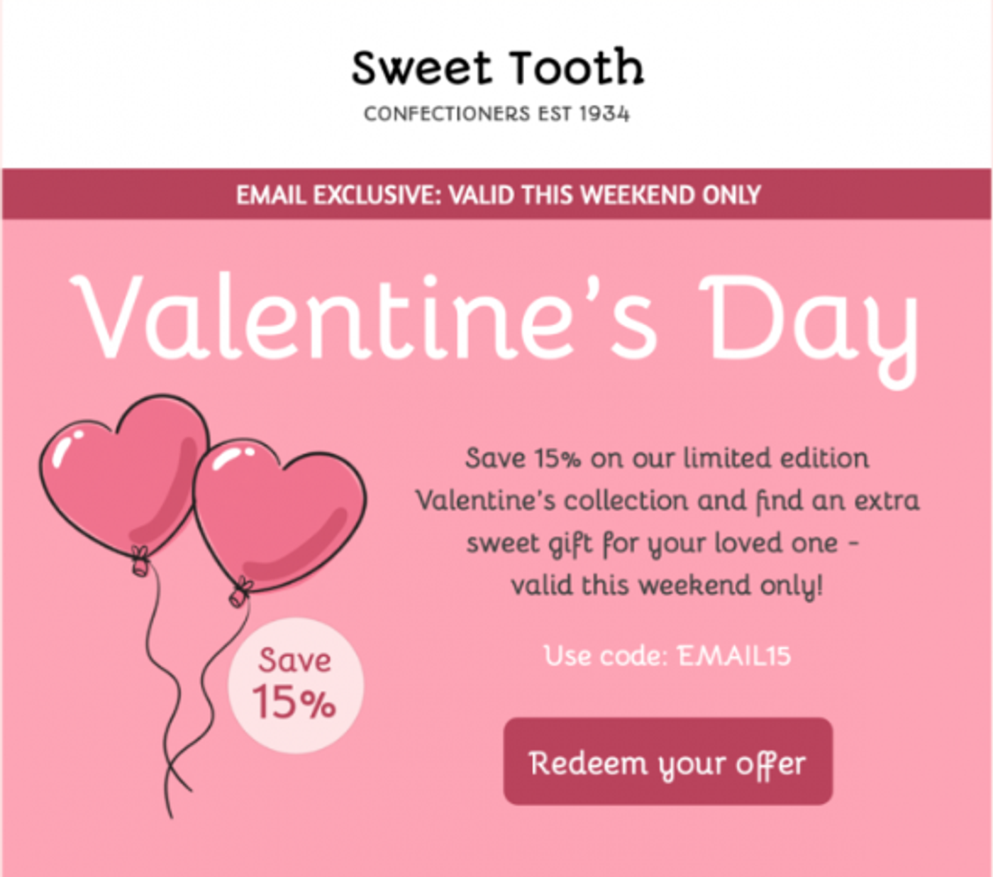 Screenshot of a Valentine’s Day sales email.