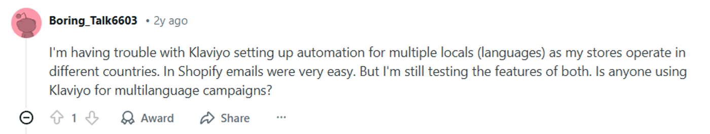 Screenshot of a review of Klaviyo on Reddit.