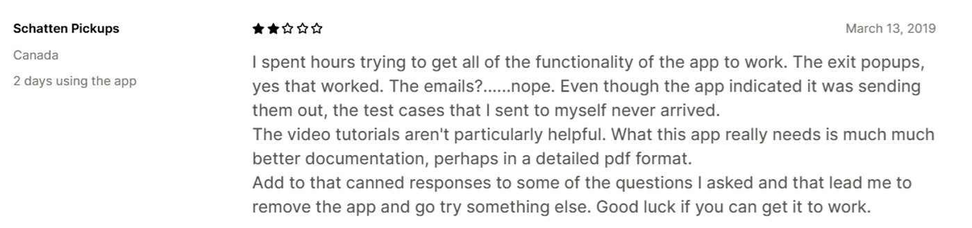 Screenshot of Sendvio review on Shopify App Store mentioning email delivery issues.