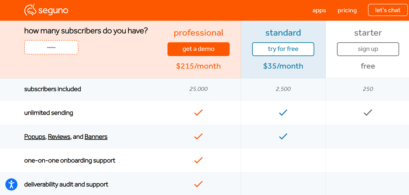 Seguno pricing table displaying plans and features.