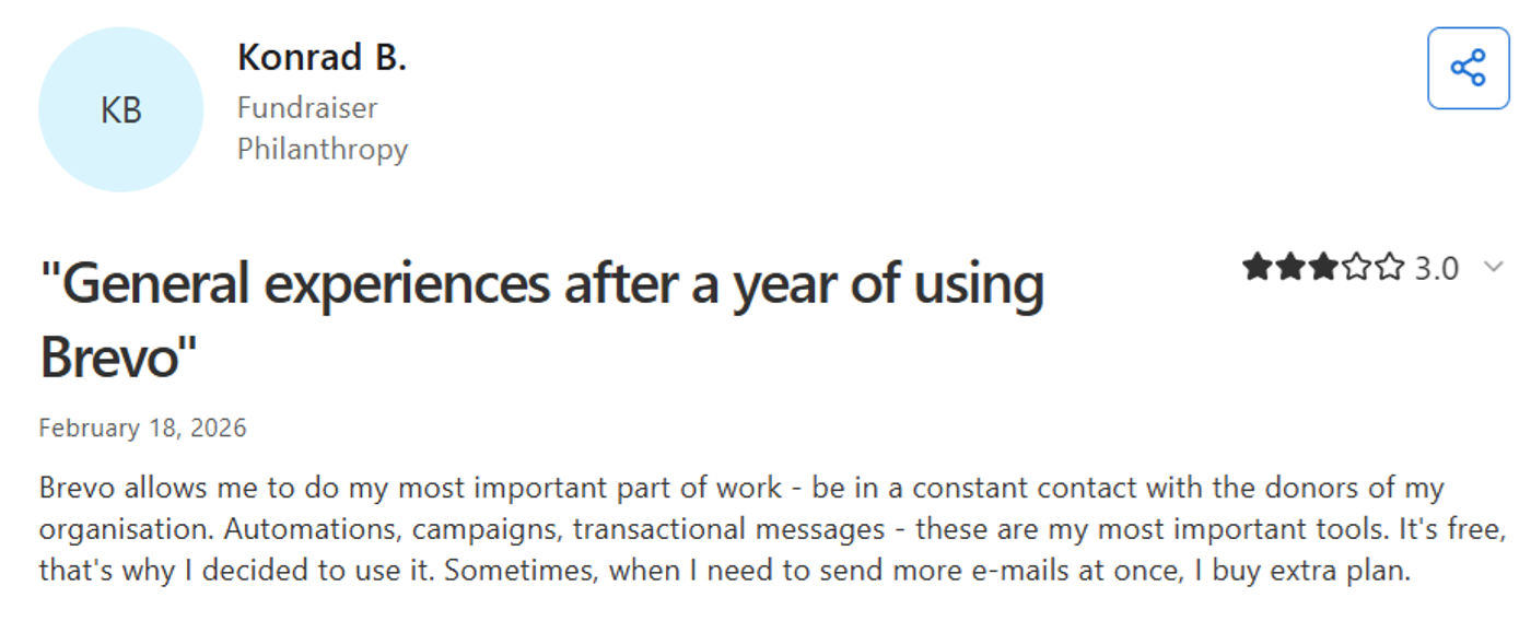 Screenshot of Capterra reviews for Brevo showing user feedback about automation, transactional emails, affordability, and overall platform usability.
