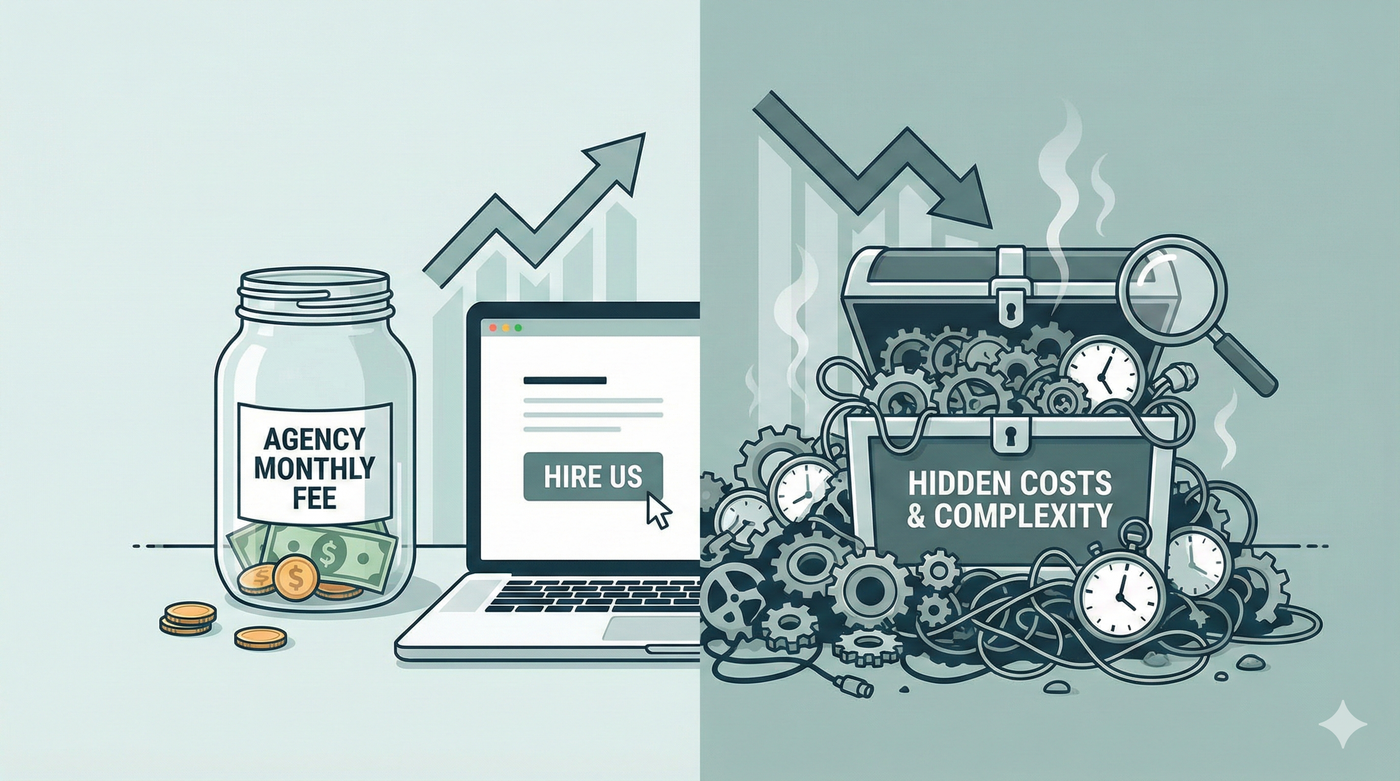 Visual comparison contrasting a simple "Agency Monthly Fee" jar with a large, chaotic chest overflowing with "Hidden Costs & Complexity."