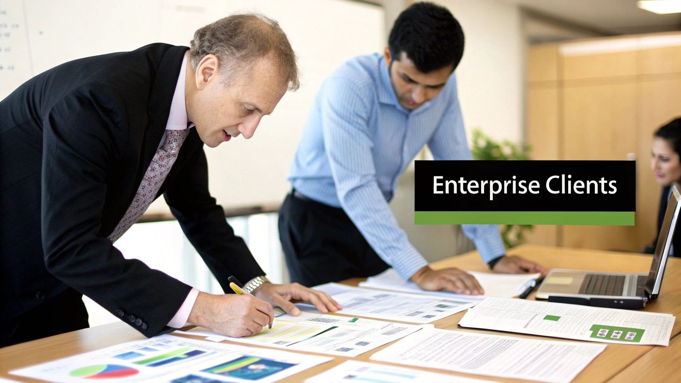 Three business professionals collaborating on documents, focusing on enterprise client strategies in an office.