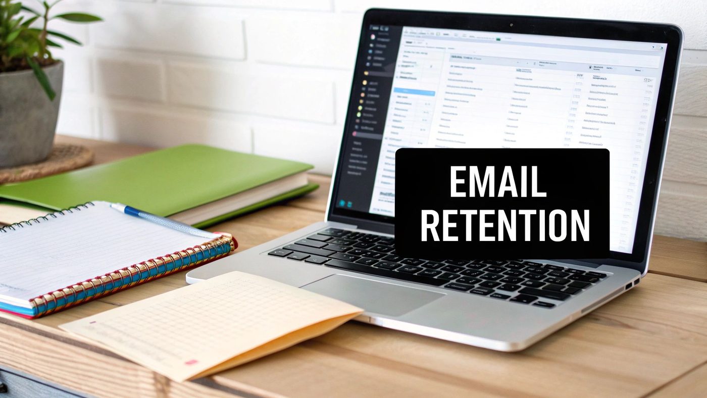 A laptop displaying 'EMAIL RETENTION' on its screen, surrounded by notebooks and a plant on a wooden desk.