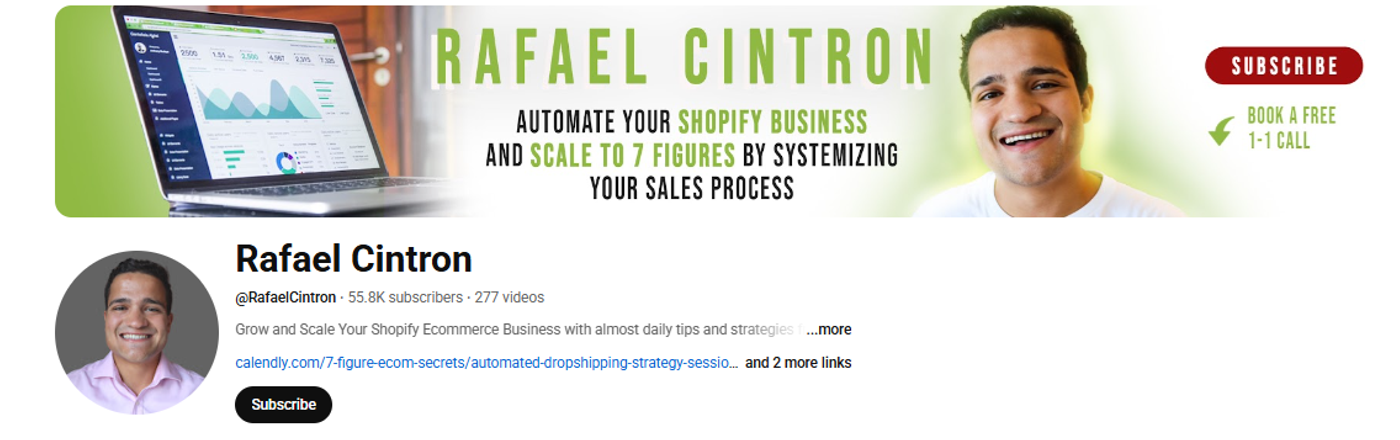 Screenshot of Rafael Cintron's YouTube profile.