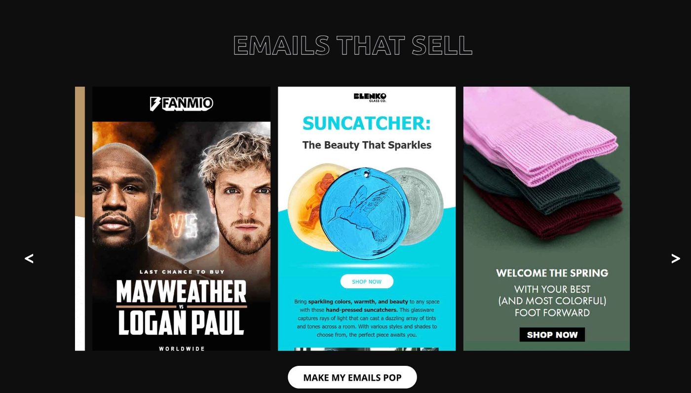 Screenshot of the Jrnyagency.co email examples page displaying sample email campaigns and design previews.
