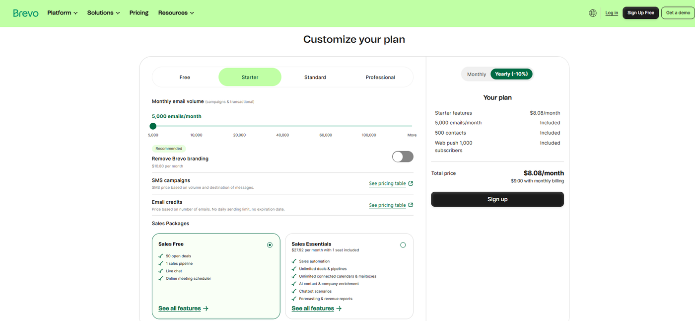 Screenshot of Brevo pricing page showing the “Customize your plan” section.
